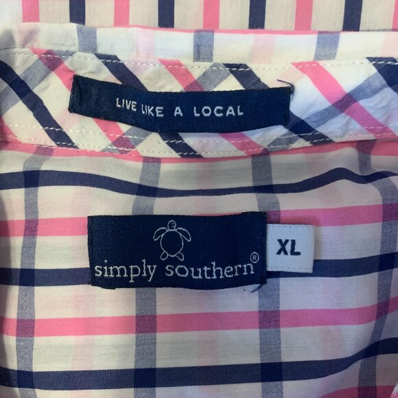 Men's Simply Southern Plaid Long Sleeve Button Up White Navy Pink Shirt XL - Picture 10 of 12